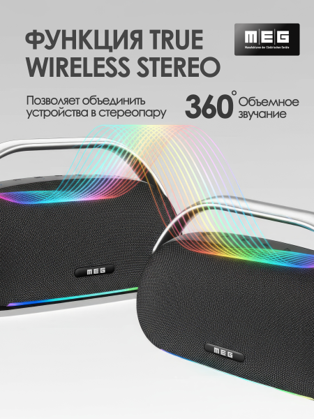 Портативная колонка MEG SSA062BL, 60Вт, Bluetooth 5.3, караоке, сабвуфер, время работы 16ч, черная