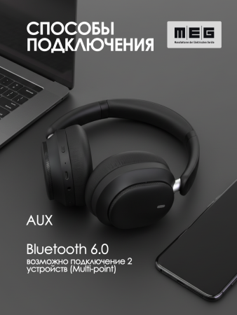Беспроводные наушники MEG HWA200BL, Bluetooth 6.0, до 60ч, ANC Hybrid, Multipoint, LowLatency,черный