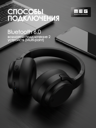 Беспроводные наушники MEG HEA500BL, Bluetooth 6.0, до 90 ч, ANC Hybrid, Multipoint, черный