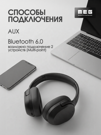 Беспроводные наушники MEG HEA400BL, Bluetooth 6.0, до 75 ч, ANC Hybrid, Multipoint, черный