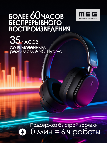 Беспроводные наушники MEG HWA200BL, Bluetooth 6.0, до 60ч, ANC Hybryd, Multipoint, LowLatency,черный