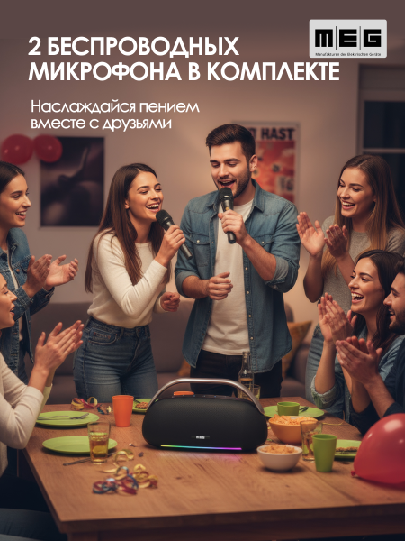 Портативная колонка MEG SSA062BL, 60Вт, Bluetooth 5.3, караоке, сабвуфер, время работы 16ч, черная