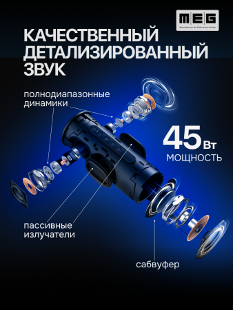 Портативная колонка MEG SGA045BL, 45Вт, Bluetooth 5.3, влагозащита IPX5, эквалайзер,сабвуфер, черная